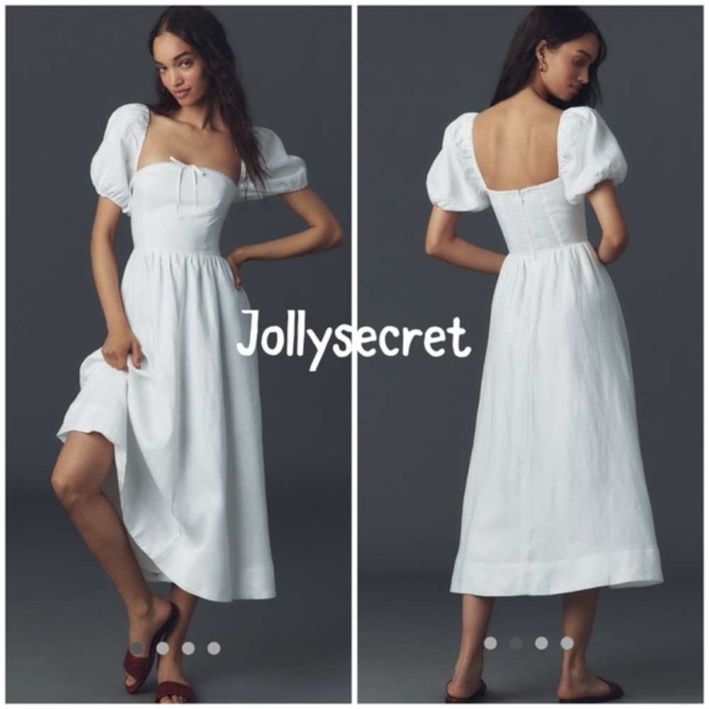 💋Reformation Marella linen White Puff Sleeve Midi Dress. Size 8